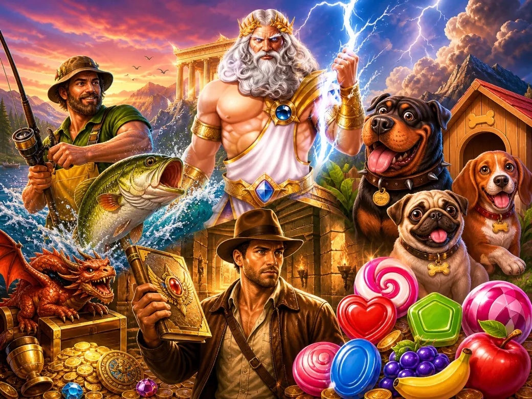Illustration featuring dynamic slot game characters and fantasy environments, showcasing premium slot visuals.