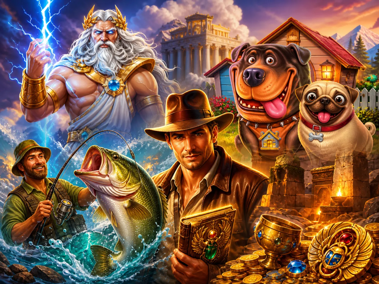High-quality promotional artwork featuring vibrant characters and worlds from slot games, showcasing dynamic fantasy and adve